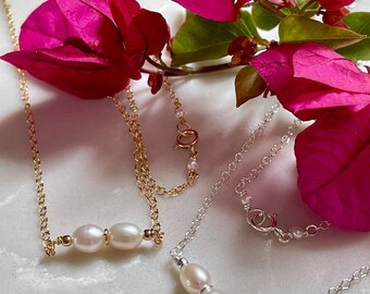Two Pearl Necklace for Women, Pearl Bar Necklace, Christmas Gift, Two Child Mother&#39;s Day, Birthday Gifts for Her, June Birthstone Jewelry