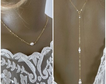 BackDrop Necklace Wedding, Minimalist Fancy Chain Pearl Drop Necklace, Open Front Pendant  Back Pendant, Backless Dress, Prom Drop Jewelry