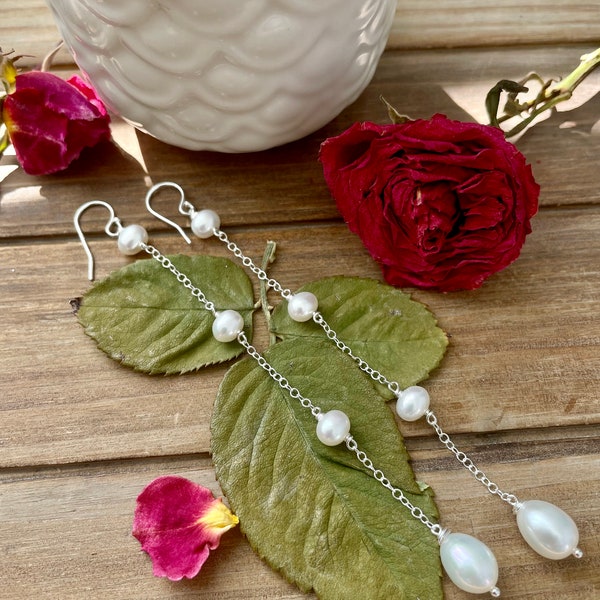 Real White Freshwater Pearl Shoulder Duster Drop Earrings | 4 inch Long Elegant Dangle Earrings | Wedding Jewelry | Gift for Her