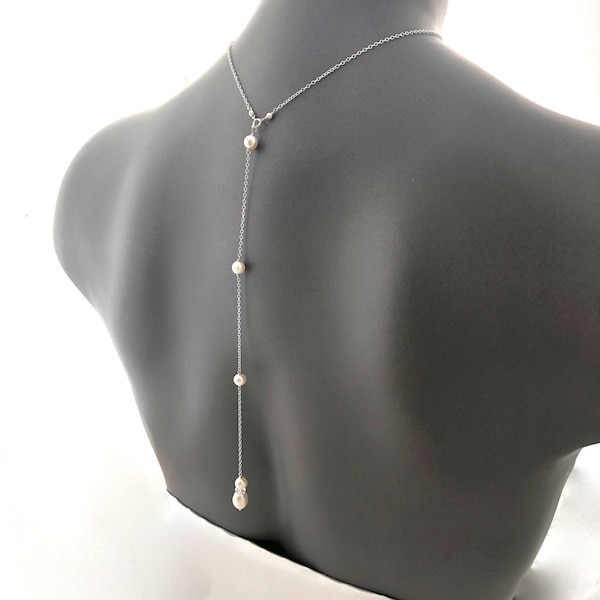 Pearl Back Pendant Necklace for Women, Long Drop Necklace for Bride, Sterling Silver Backdrop Bridal Jewelry, Backless Bridesmaid Gifts