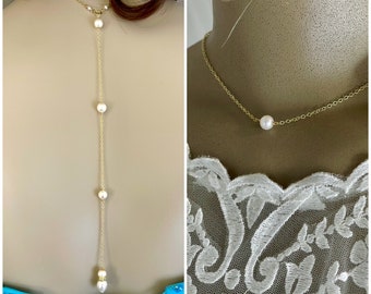 Bridal Pearl Back Necklace, Detachable Long Pearl Drop, Backless Wedding Back Pendant, Prom or Bridal BodyJewelry, Special Day Back Necklace