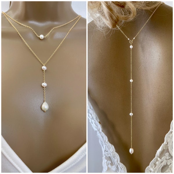 Pearl BackDrop Necklace for Women, Pearl Back Pendant, Long Y Necklace, Prom Backless Dress, Back Drop Jewelry, Gold Filled Attachable Drop
