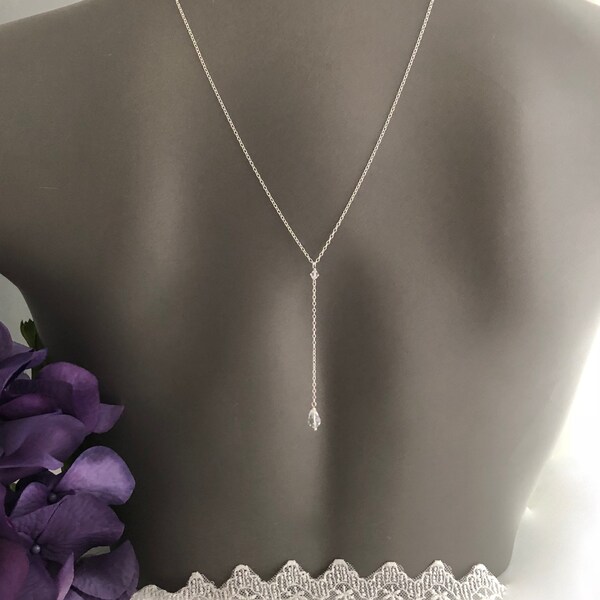 Simple Backdrop Necklace for Bride, Yellow Gold Crystal Back Drop Necklace, Bridesmaid Y Necklace, Custom Back Jewelry, Custom Gift for Her