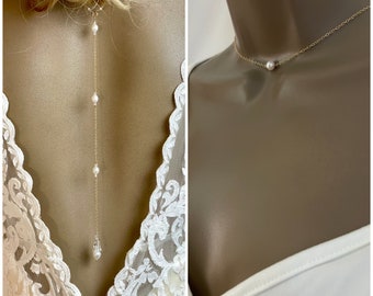 Bridal Back Necklace, Crystal Pearl Backdrop Necklace, Wedding Pendant, Lariat Bride Back Drop Pendant, Backless Prom Dress Special Occasion