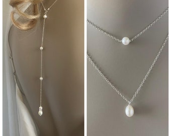 Pearl Back Drop Necklace for Women, Two-Tiered Pearl Necklace, Backless Backdrop Pendant, Gold Filled or Sterling Silver Bridal Jewelry