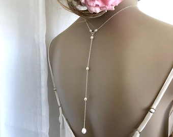 Pearl BackDrop Necklace for Women, Pearl Back Pendant, Long Y Necklace, Prom Backless Dress, Back Drop Jewelry, Gold Filled Necklace