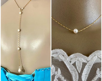 Pearl BackDrop Necklace for Wedding, Elongated Rolo Pearl Drop Jewelry, Open Front and Back Pendant for Prom, Backless Dress, Prom Jewelry