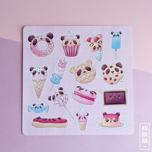 Planche d'autocollant sucreries panda kawaii