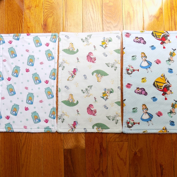 Set of 3 Alice and Wonderland Burp Cloths - Baby Shower Gift