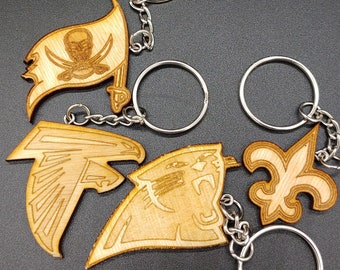 NFL, NFC South, Team Logo Keychains, Laser Cut and Engraved on Wood