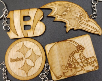 NFL, AFC North, Team Logo Keychains, Laser Cut and Engraved on Wood