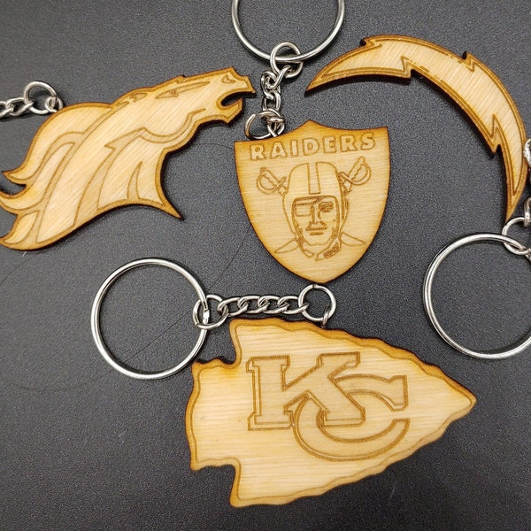 NFL, AFC West, Team Logo Keychains, Laser Cut and Engraved on Wood