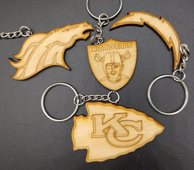 NFL, AFC West, Team Logo Keychains, Laser Cut and Engraved on Wood image 1