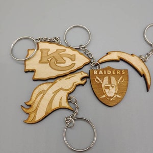 NFL, AFC West, Team Logo Keychains, Laser Cut and Engraved on Wood Broncos - Old