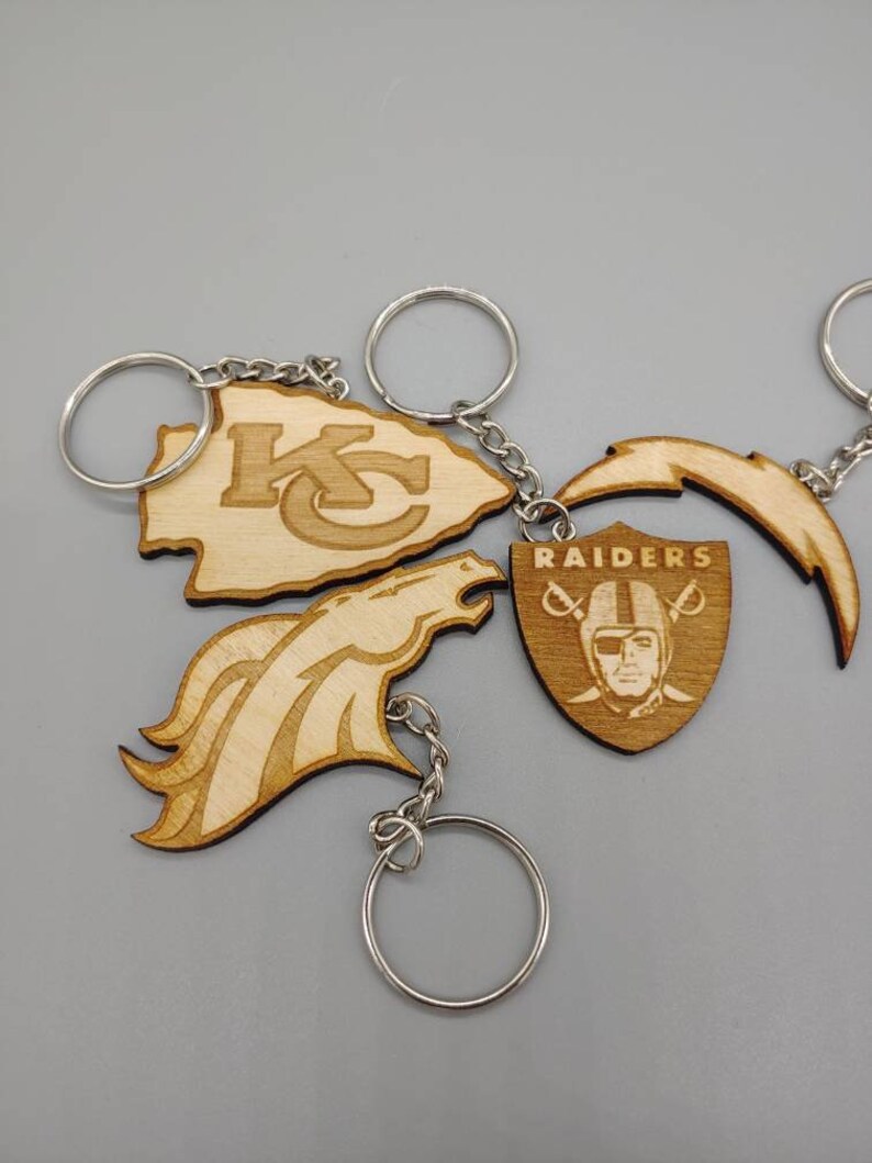 NFL, AFC West, Team Logo Keychains, Laser Cut and Engraved on Wood Broncos - Old