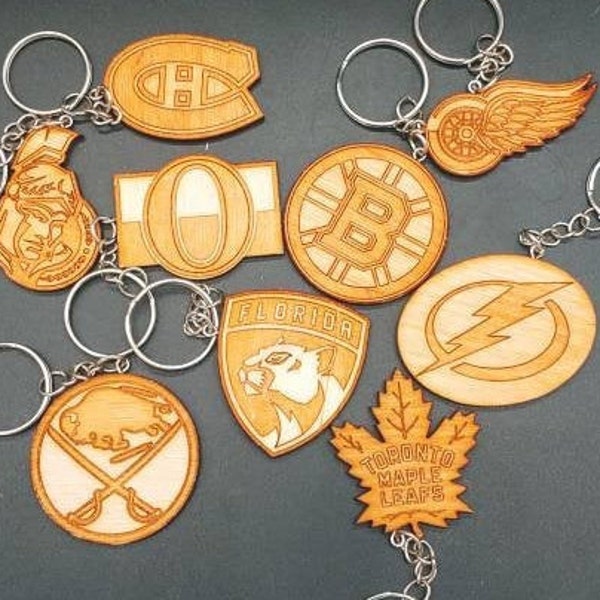 NHL, Atlantic Division, Team Logo Keychains, Laser Cut and Engraved on Wood