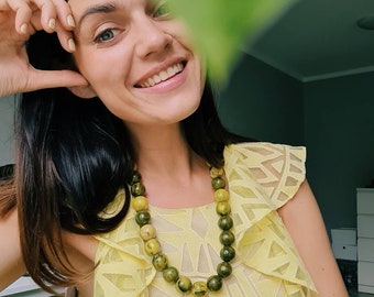 Moss green women bib necklace - sunny yellow outfit - hand painted balls - colorful courageous jewelry - oversize wooden beads - mom gift