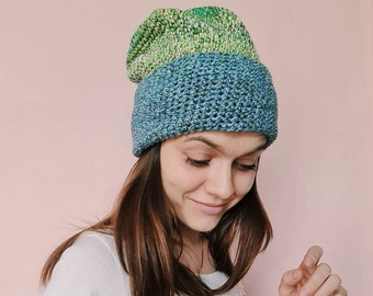 Cheerfully striped unisex beanie - green and blue - double brim funky hat - slouchy cap without wool - crocheted colorful beanie - gift idea