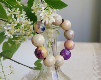 Beige violet bohemian bracelet - courageous summer jewelry - large artistic beads - summer spirit fashion - mismatched balls - pastel colors