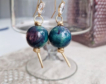 Hand painted cottagecore earrings - gold plated hooks with crystal - forest elves inspired colorful jewelry -  turquoise beads art earrings