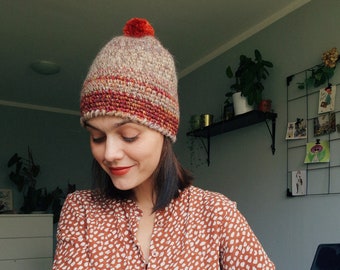 Red pom pom beanie - beige wooly hat - crocheted winter women beanie - adult size bobble hat - classic gradient pattern - cold weather