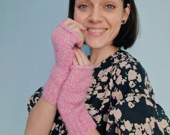 Pastel pink fingerless gloves - wrist warmers with sparkles - hand knitted girly mittens - warm wooly typing gloves - sweet gift idea