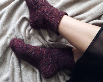 Extra soft woolen house socks - plum purple knitwear - hand knitted women socks - dark shiny yarn - large size socks - get well soon gift