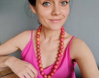 Hand painted long bib necklace - colorful pinky balls -  large chunky beads - unique women jewelry - beaded summer necklace  - gift for mom