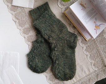 Sage green woodland women socks - warm wooly knitting - classy elegant pattern - hand knitted cottagecore socks - sweet dreams gift idea