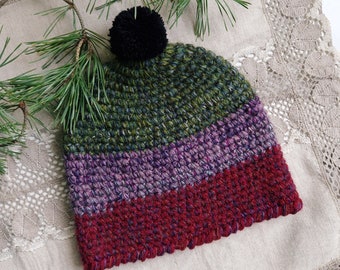 Classic beanie with cheerful stripes -  black pom pom  - crocheted bobble hat - best adventurer gift - purple and red  - multicolor style