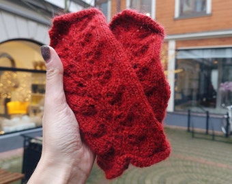Classic red fingerless gloves - hand knitted wooly lace mitts - elegant women arm warmers - practical girl gift - delicate shiny cute gloves