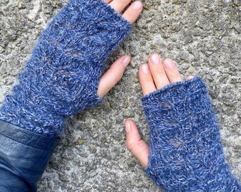 Fingerless gloves in light blue - hand knitted lacy texting gloves - women driving mittens - hurried women mitts  - all season wrist warmers