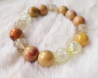 Beige beaded earthy bracelet - gemstone summer pixie jewelry - pastel yellow quartz - hand painted lucid art bracelet - sophisticated beads