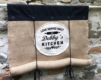 Custom Name Natural Burlap Kitchen Tie Up Valance with Black Top and Grommets Roll Up Curtains in Custom Size Rustic Modern Farmhouse Blinds