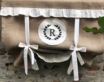 Monogrammed Burlap Curtain Ruffled Country Monogram Tie Up Valance Rustic Primitive Window French Farmhouse Tie Up Shade Boho Jute Blind