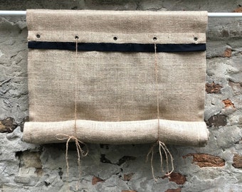 Roll Up Burlap Curtain Black Stripe Modern Farmhouse Shade Coffee Sack Rustic Tie Up Valance Country Living Room Custom Size Pull Up Blinds