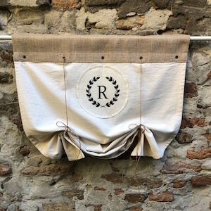 Cortinas de arpillera con letras personalizadas, cenefa, cortina rústica moderna de estilo rústico, cortinas de algodón y yute natural primitivo.