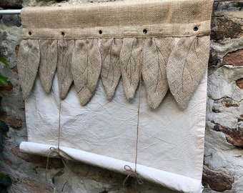 Tie Up Burlap Curtain Bohemian Rustic Farmhouse Window Treatments Primitive Natural Jute Wabi Sabi Blind Roll Up Shade Custom Size Valance