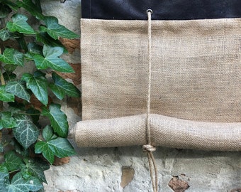 Farmhouse Tie Up Valance Natural Burlap Black Faux Leather Top Curtain Panel With Grommets and Rustic Rope Roll Up Curtains Window Blinds
