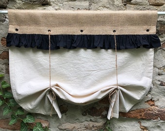 Black Ruffled Burlap Curtains Kitchen Valance Tie Up Country Curtain Rustic Farmhouse Window Treatment Roll Up Blind Natural Jute Shade