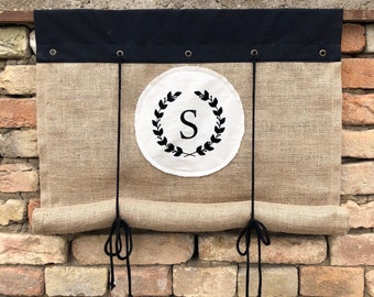 Black Top Roll Up Natural Burlap Monogrammed Curtain Blind Modern Farmhouse Primitive Country  Curtains Tie Up Valance Custom Swedish Blinds