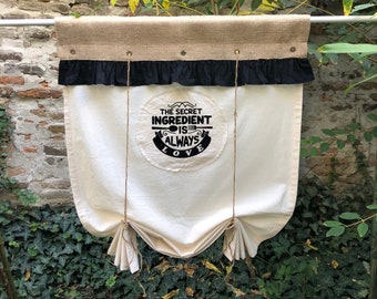 Farmhouse Kitchen Curtain Roll Up Burlap&Cotton Valance Dining Room Window Treatment Custom Size Blind Natural Burlap Tie Up  Window Shade