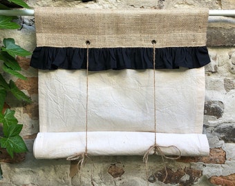 French Door Curtain Panel Tie Up Valance in Natural Burlap and Cotton Farmhouse Window Treatments Rustic Roll Up Curtains Ruffled Customized