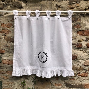 Farmhouse Cafe Curtain in Natural Beige or White Cotton Monogrammed Tab Top Valance Romantic Tier Curtains Ruffled Shabby Panel Custom Size