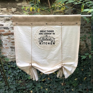 Custom Name Roll Up Burlap&Cotton Kitchen Curtain Tie Up Valance Modern Farmhouse Personalized Window Treatment Custom Size Rustic Blind