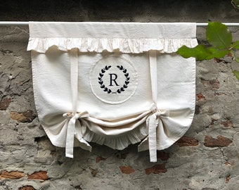 Monogrammed Farmhouse Ruffled Curtain Country Tie Up Valance Rustic Natural Beige Shabby Chic Window French Living Room Cottage Curtains