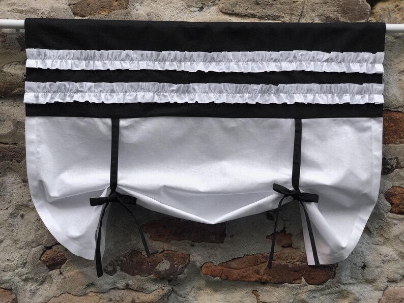 Black and White Valance Ruffled Curtains Cottage Kitchen Tie up ...