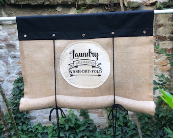 Cortina enrollable para lavadero con parte superior negra y parte inferior de arpillera natural, cenefa de tamaño personalizado, estilo rústico de granja, cortinas para atar en la ventana.