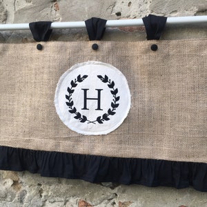 Monogrammed Burlap Valance Cottage Kitchen Ruffle Curtains Rustic French Country Monogram Window Treatment Burlap Primitive Farmhouse Decor