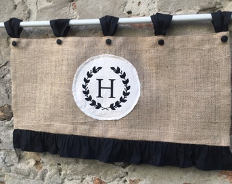 Monogrammed Burlap Valance Cottage Kitchen Ruffle Curtains Rustic French Country Monogram Window Treatment Burlap Primitive Farmhouse Decor